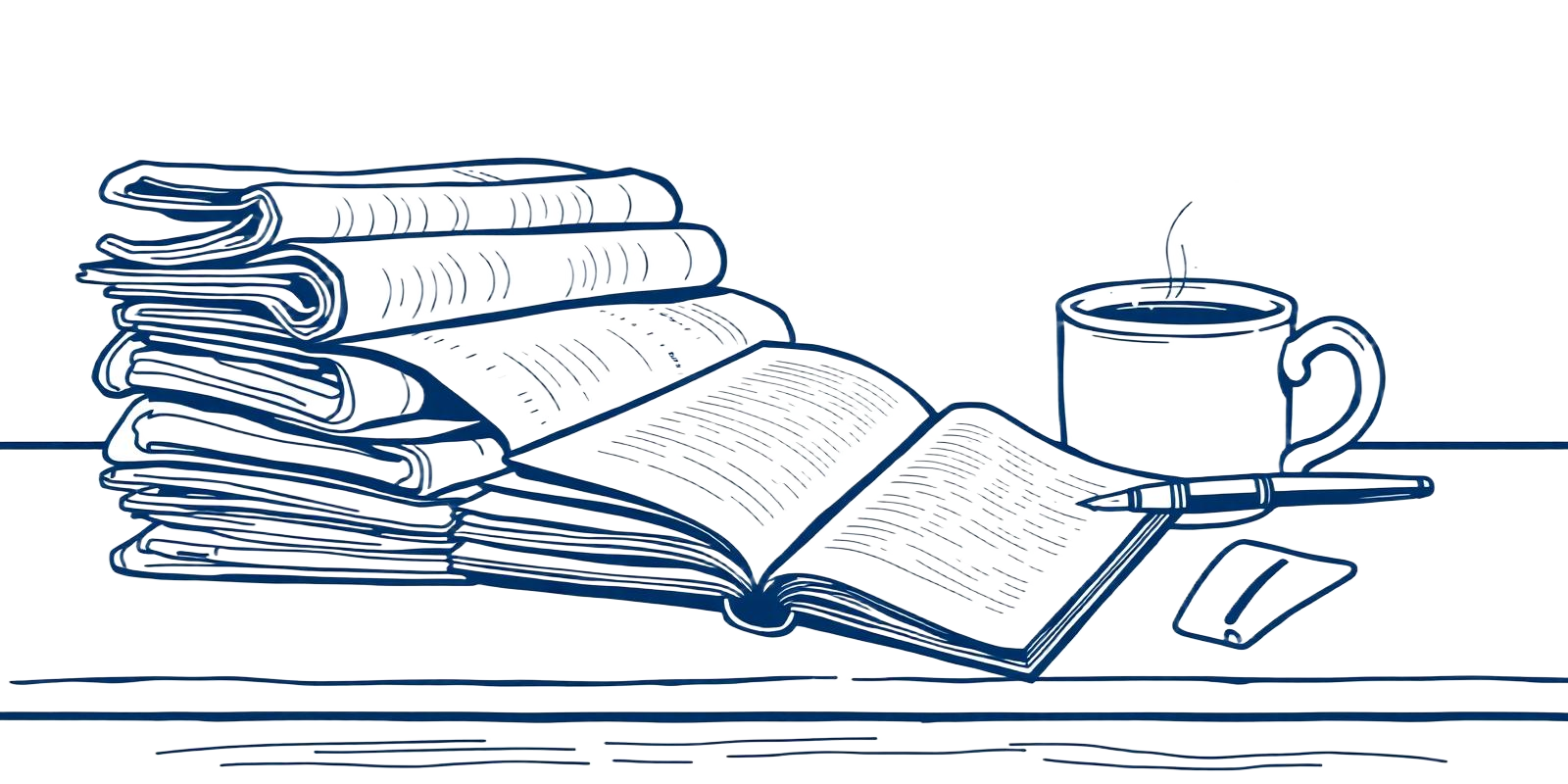 A stack of morning papers, an open notebook and coffee